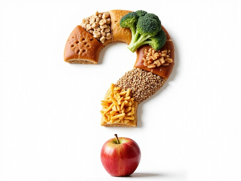 A large question mark made of various food items, some healthy, some unhealthy, against a neutral background