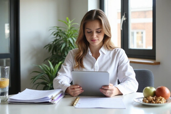 A nutritionist working at a desk, reviewing data and creating a personalized meal plan on a tablet, with healthy food items like avocados and berries on the table.