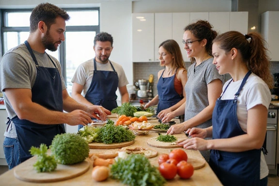 Diverse group of people participating in a cooking class focused on healthy eating