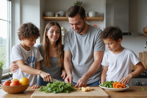Happy family cooking healthy food together in a kitchen